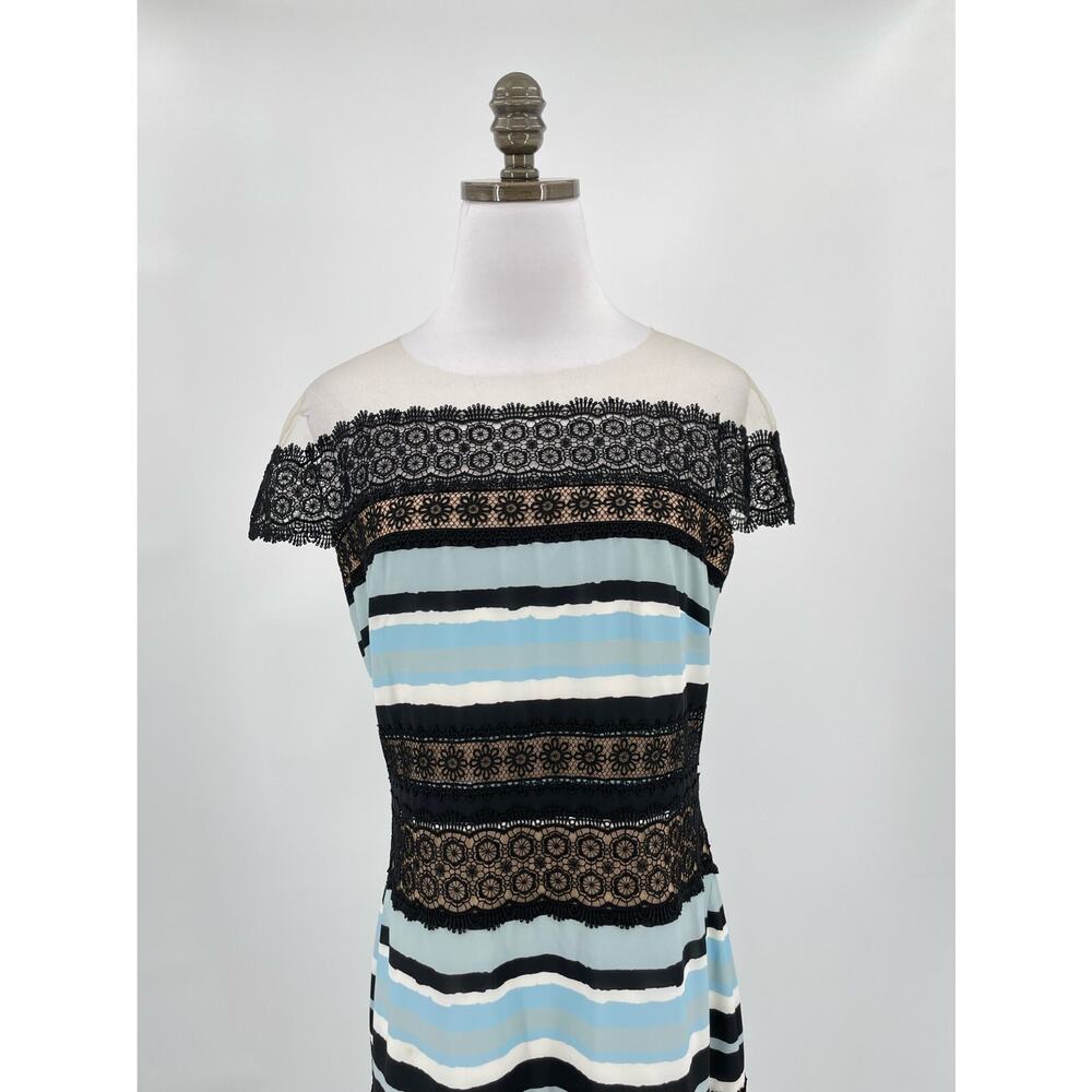 Tadashi Shoji Womens Blue Black Striped Tulle Lace Midi Dress Sz 8 - Picture 2 of 10